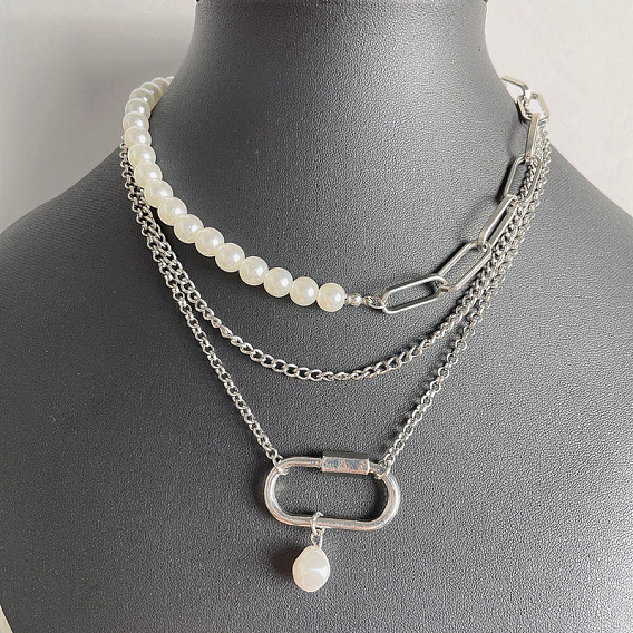 3 шт. пластиковый жемчужный круглый бисер и овальная цепочка с подвеской из сплава 3 многослойные ожерелья для женщин, белые