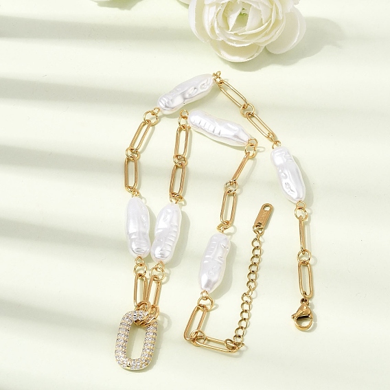 304 Colliers en acier inoxydable avec pendentif rectangulaire en zircon cubique transparent micro-pavé et chaîne de perles en plastique, placage ionique (ip), blanc
