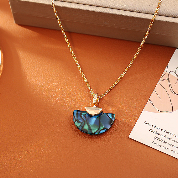 Dyed Natural Paua Shell Fan Shaped PEndant Brass Rope Chain Necklaces for Women, Golden