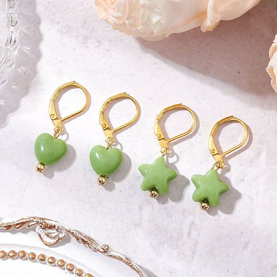2 пары 2 стили серьги с застежкой-рустик из латуни и непрозрачного акрила, Сердце и звезда