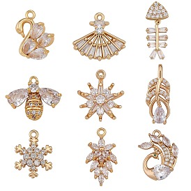 9Pcs 9 Style Brass Micro Pave Clear Cubic Zirconia Pendants, Mix-shaped