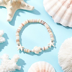 Браслеты-растяжки из синтетических бирюзовых бусин с изображением морских черепах и морских звезд, браслеты из натуральных пресноводных ракушек