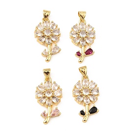 Real 18K Gold Rack Plating Brass Micro Pave Cubic Zirconia Pendants, Long-Lasting Plated, Cadmium Free & Lead Free, Flower Charms