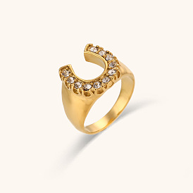 Stylish U-shaped CZ Ring with Vintage 18K Gold Plating - Stainless Steel Jewelry