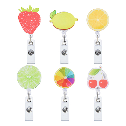 6Pcs 6 Styles Fruit Theme Acrylic Badge Reel, Retractable Badge Holder, Platinum