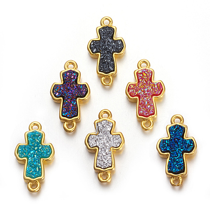 Brass Links Connectors, with Druzy Resin, Golden Plated Color, Cross