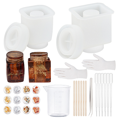 Kits de moules en silicone pour boîtes de rangement, y compris tasse à mesurer, pipettes de transfert en plastique, feuille d'or argent puce, pince à épiler, coller, des gants en caoutchouc