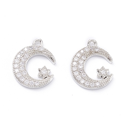 Rack Plating Brass Micro Pave Cubic Zirconia Pendants, Long-Lasting Plated, Moon & Star
