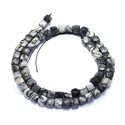 Natural Black Silk Stone/Netstone Beads Strands, Cube, Faceted
