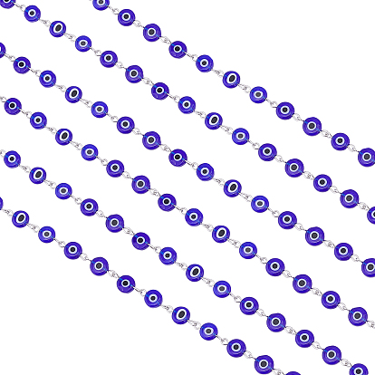 Handmade Evil Eye Lampwork Flat Round Links Chains, for Necklaces Bracelets Making, with Iron Eye Pin
