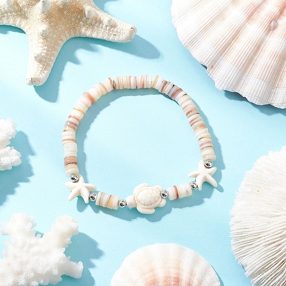 Браслеты-растяжки из синтетических бирюзовых бусин с изображением морских черепах и морских звезд, браслеты из натуральных пресноводных ракушек