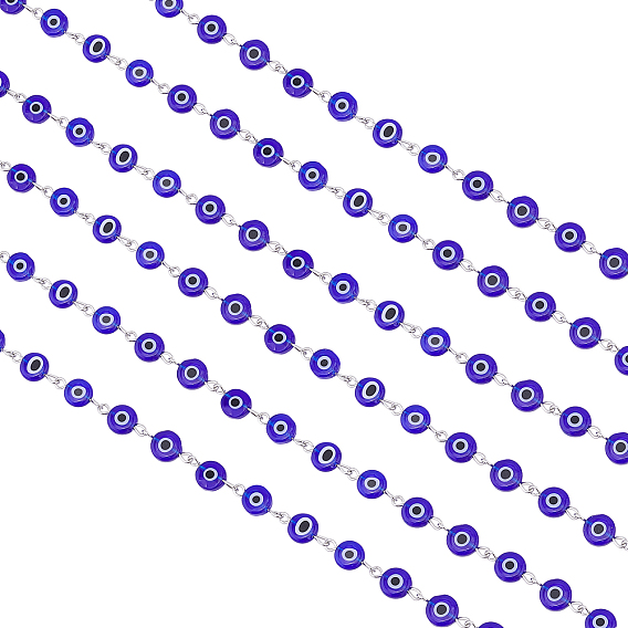 Handmade Evil Eye Lampwork Flat Round Links Chains, for Necklaces Bracelets Making, with Iron Eye Pin