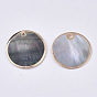 Natural Black Lip Shell Pendants, with Brass Findings, Edge Golden Plated, Flat Round