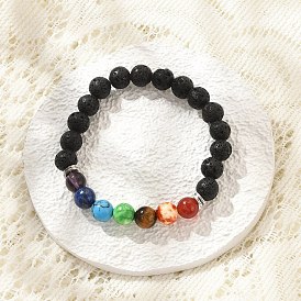 Yoga Chakra Jewelry, Natural Lava Rock Stretch Bracelets, with Gemstone and Alloy Beads, Round