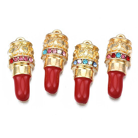 Rack Plating Alloy FireBrick Enamel Pendants, with Rhinestone, Cadmium Free & Nickel Free & Lead Free, Lipstick