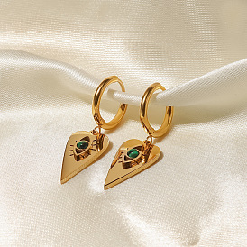 Exaggerated Heart Pendant Earrings with 18K Gold Plating and Natural Stone Inlay