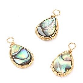 Natural Abalone Shell/Paua Shell Pendants, with Eco-Friendly Copper Wire Wrapped, Teardrop