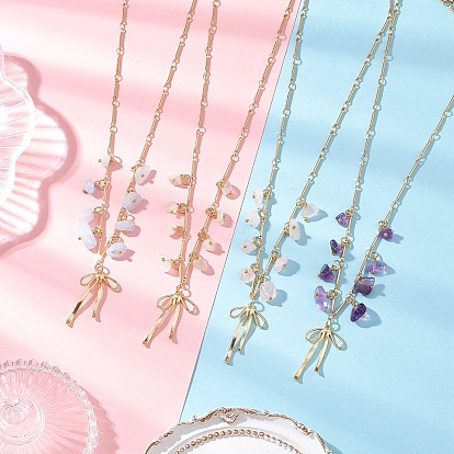 4 шт. 4 стили: натуральный розовый кварц, белый лунный камень, аметист, крошка окрашенного аквамарина, латунный бант, латунные звенья цепи, ожерелья