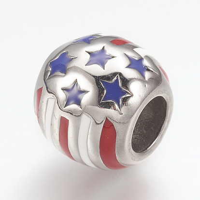 316 Surgical Stainless Steel Enamel European Beads, Large Hole Beads, Round with American Flag