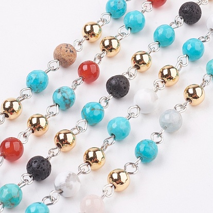 Gemstone Beads Handmade Chains, Unwelded, with Brass Findings and Iron Eye Pin, Round