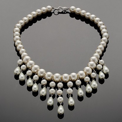 Wedding Party Glass Pearl Bib Statement Necklaces, with Alloy Lobster Claw Clasps, 17.5 inch