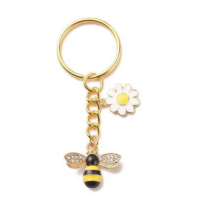 Alloy & Brass Enamel Keychains, with 304 Stainless Steel & Iron Findings and with Crystal Rhinestone, Bees & Flower