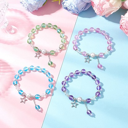 4 шт. 4 цвета звезды 304 браслеты с подвесками из нержавеющей стали, синтетический лунный камень и ракушечный жемчуг круглые бусины эластичные браслеты для женщин
