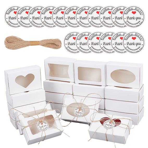 100шт. 4 варианты оформления: прозрачное окно, крафт-бумага, картон, подарочные коробки для ювелирных изделий, прямоугольные, В комплекте: 100 плоские круглые бумажные подарочные бирки с надписью «Спасибо» и 20 метр джутового шнура.