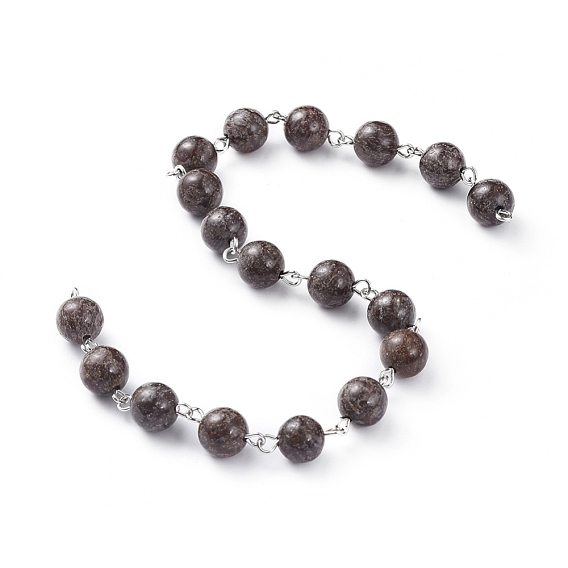 Handmade Gemstone Beaded Chains, with Platinum Plated Iron Eye Pins, Round, Unwelded