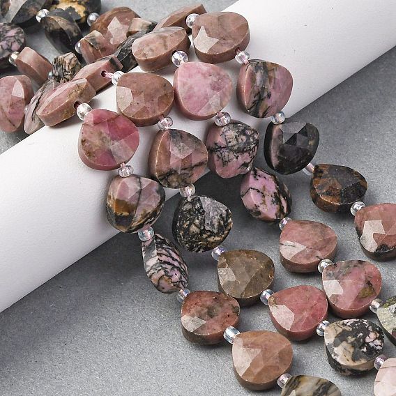 Природные родонит бисер нитей, граненое сердце, с бисером