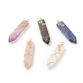 Pendentifs pointus de pierres précieuses naturelles, avec fil de cuivre doré enroulé, épée