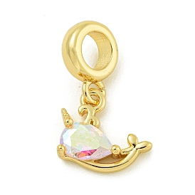 Rack Plating Brass Pave Clear AB Cubic Zirconia Whale European Dangle Charms, Large Hole Pendants, Lead Free & Cadmium Free, Long-Lasting Plated