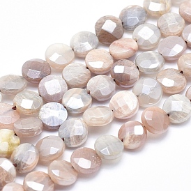 Electroplate Natural Sunstone Beads Strands, Faceted, Flat Round