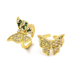 Butterfly Brass Micro Pave Cubic Zirconia Open Cuff Rings for Women, Real 18K Gold Plated