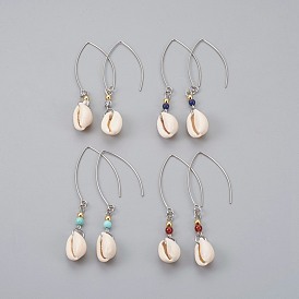 Cuelga los pendientes de piedras preciosas redondas, con caparazón de cowrie, cuentas de latón y 304 ganchos para pendientes de acero inoxidable, sin plomo y el cadmio