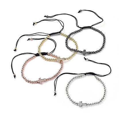 Brass Braided Bead Bracelets, with Brass Micro Pave Cubic Zirconia Beads, Nylon Thread, Natural Agate Beads and Elastic Crystal Thread, Cross