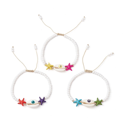 Synthetic Turquoise Starfish & Natural Shell Braided Bead Bracelets, Nylon Thread Adjustable Bracelet