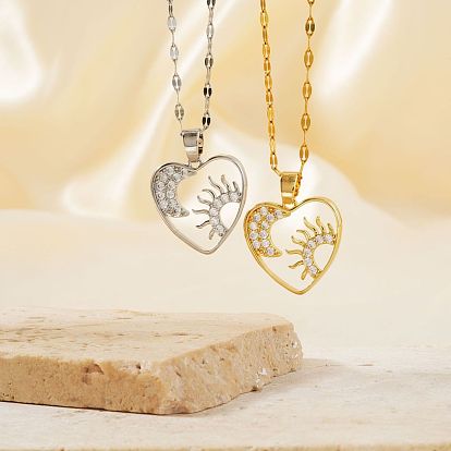 Великолепное латунное сердце с микропаве из прозрачных кубических цирконий с подвеской в виде луны и солнца, элегантные модные ожерелья