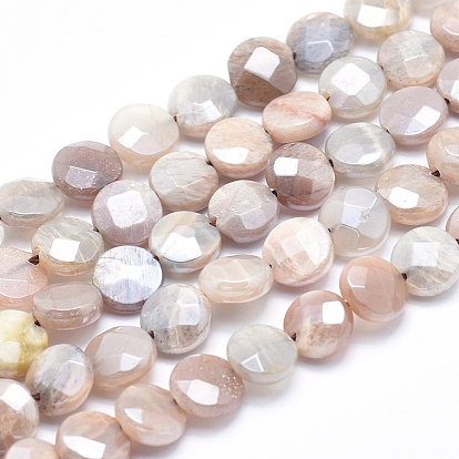 Electroplate Natural Sunstone Beads Strands, Faceted, Flat Round