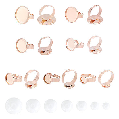 14piezas planas redondas ajustables 304 anillos de dedo de acero inoxidable componentes, con 14 piezas de cabujones de vidrio transparente, para hacer anillos de bricolaje