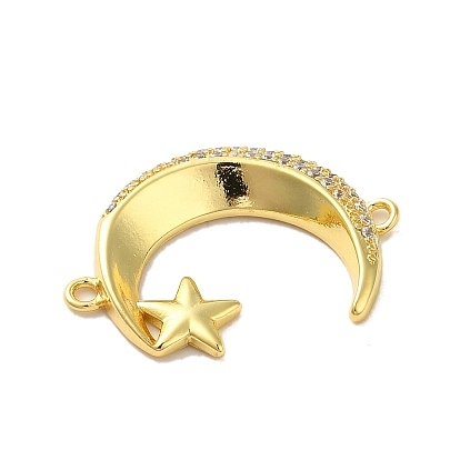 Brass Micro Pave Clear Cubic Zirconia Connector Charms, Moon Links with Star