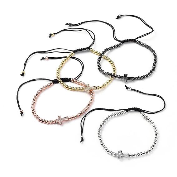 Brass Braided Bead Bracelets, with Brass Micro Pave Cubic Zirconia Beads, Nylon Thread, Natural Agate Beads and Elastic Crystal Thread, Cross