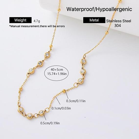 Elegant 304 Stainless Steel Crystal Rhinestone Flat Round Beads Link Chain Necklaces for Women