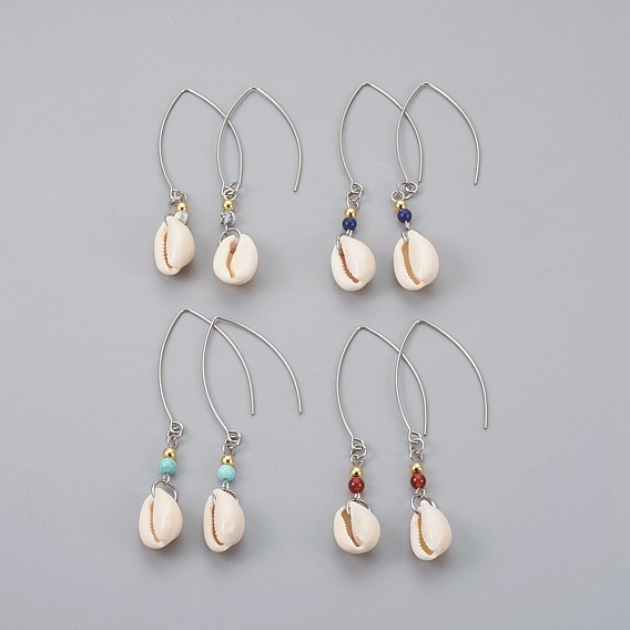 Boucles d'oreilles rondes pierre dangle, avec cauris, perles en laiton et 304 crochets pour boucles d'oreilles en acier inoxydable, sans plomb et sans cadmium
