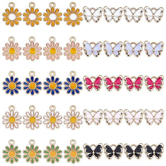 Alloy Enamel Big Pendants, Butterfly & Daisy, Light Gold