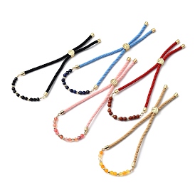 Adjustable Slider Bracelets, Nylon Cord Bracelets, with Natural Gemstone Beads and Brass Beads, Golden