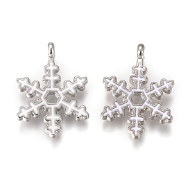 Platinum Plated Alloy Pendants, with Enamel & Crystal Rhinestone, Snowflake, for Christmas
