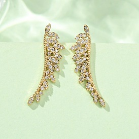 Brass Pave Cubic Zirconia Stud Crawler Earrings, Leaf, Real 18K Gold Plated, Cadmium Free & Lead Free, Long-Lasting Plated, Rack Plating