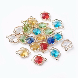 Glass Links Connectors, with Eco-Friendly Alloy Open Back Berzel Findings, Faceted, Flower
