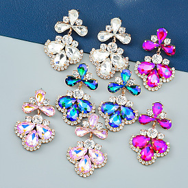 Sparkling Multi-layered Floral Earrings with Colorful Gems for Fashionable Women